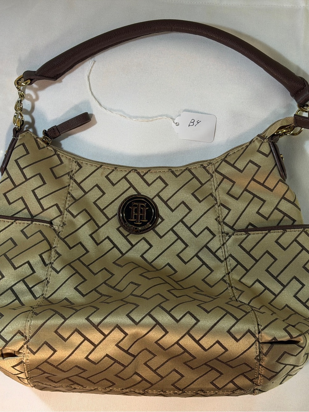Tommy Hilfiger Gold and Brown Monogram Shoulder Bag